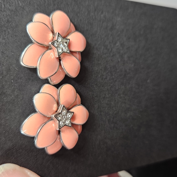 Pink Flower Earrings with Rhinestone Center - Picture 3 of 4